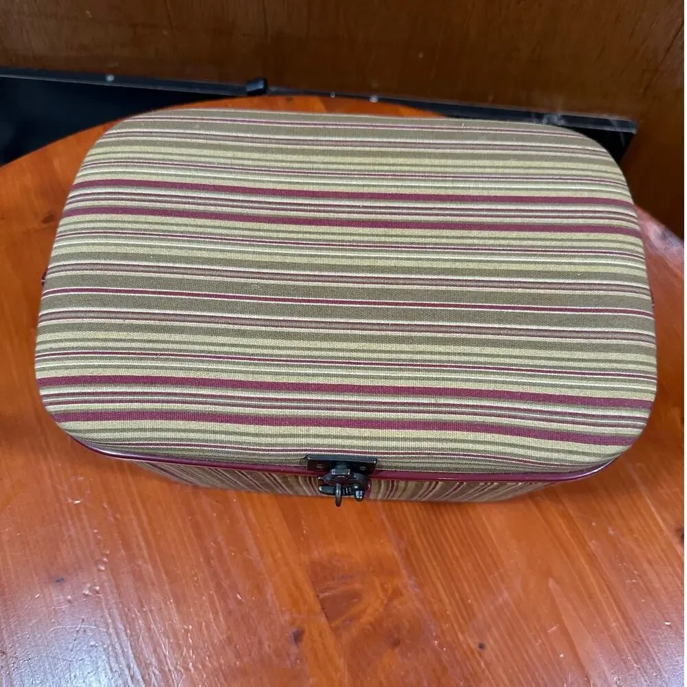 Vintage Striped Fabric Covered Sewing Box/Tote with Lining and Tray